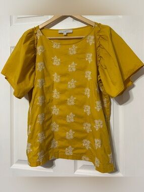 LOFT Mustard Yellow Cotton Eyelet Blouse Top Puff Sleeve Women’s Size M